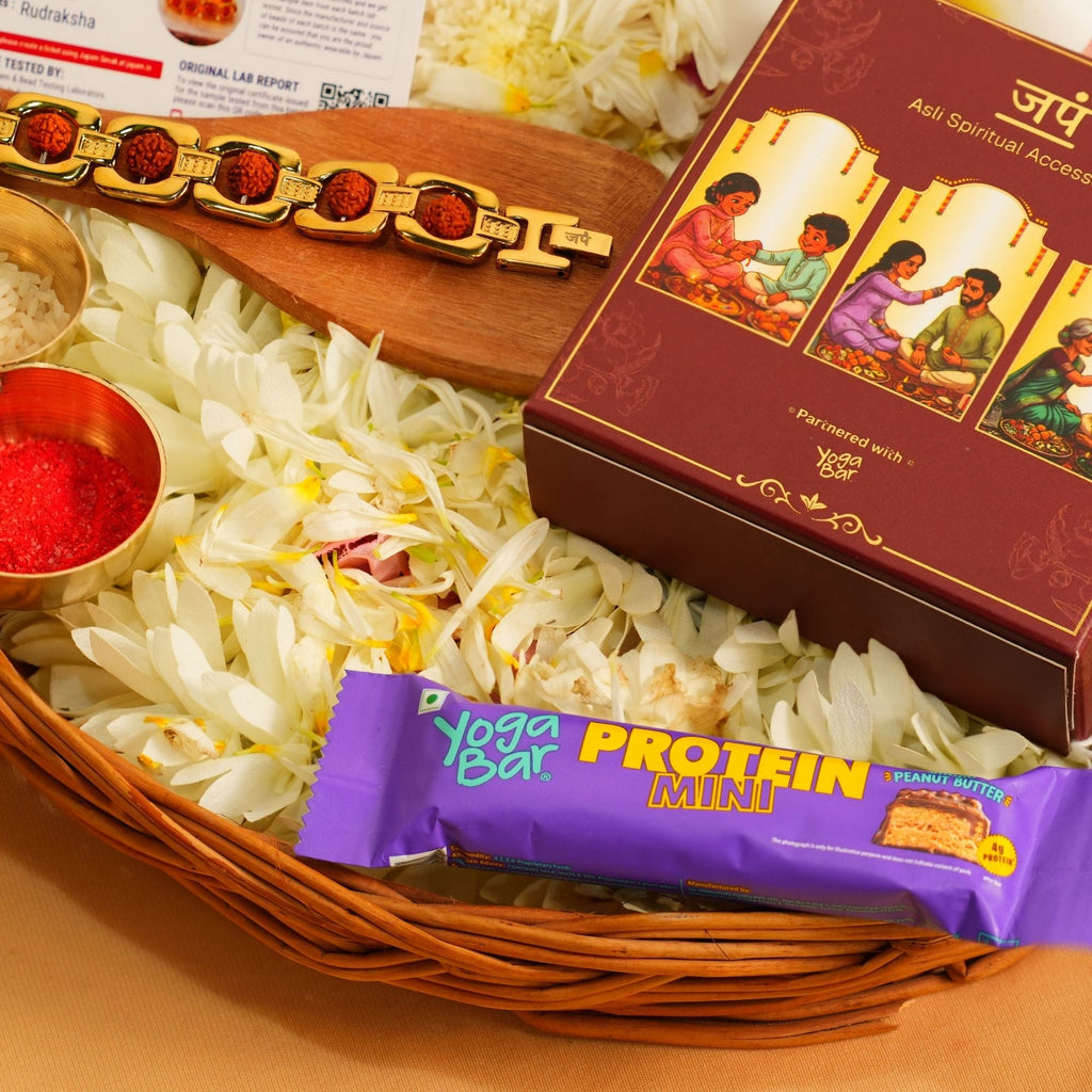 Gold Plated Essential Rudraksha Rakhi Hamper