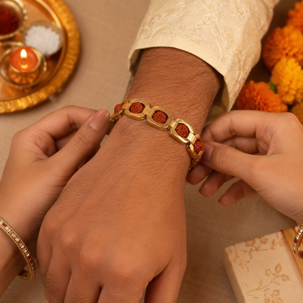 Gold Plated Essential Rudraksha Rakhi Hamper